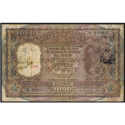 India, 1000 Rupees, 1962-67, Pick# 47f, BOMBAY/CORRECTED HINDI, Republic, SL# A/1 859917, VF