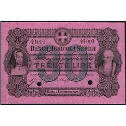 Italian States, 30 Lire, 1875,  Pick#  S921b, RADAR SL#, Banca Agricola Sarda, SL# A/Y-1001, UNC