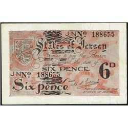 Jersey, 6 Pence, 1941-42,  Pick#  1a, State of Jersey, SL# 188655, VF