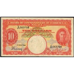 Malaya, 10 Dollars, 1st Jul 1941,  Pick# 13, Board of Commissioners of Currency, SL# C/64-063758, VF