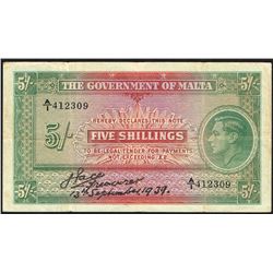 Malta, 5 Shillings, 13th Sep 1939,  Pick#  12, The Government of Malta, SL# A/1 412309, VF