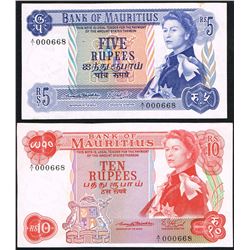 Mauritius, 5 & 10 Rupees, ND(1967),  Pick#  30a & 31a, Bank of Mauritius, SL# A/1 000668, UNC