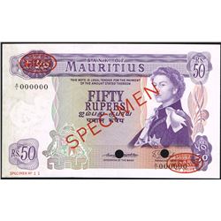 Mauritius, 50 Rupees, ND(1967),  Pick#  33s, SPECIMEN NO. 11, Bank of Mauritius, SL# A/1 000000, AU