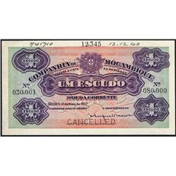 Mozambique, 1 Escudo, 12th May 1937,  Pick#  R33s, SPECIMEN, Beira, SL# 030,001/080,000, XF