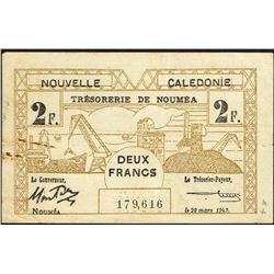 New Caledonia, 2 Francs, 29th Mar 1943,  Pick#  56b, Nouvelle Caledonie, SL# 179616, FINE