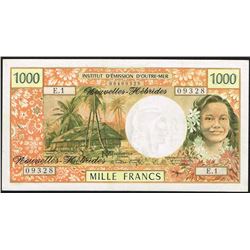 New Hebrides, 1000 Francs, 1970,  Pick#  20a, British And French Administration, SL# E.1 09328, XF