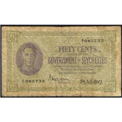 Seychelles, 50 Cents, 7th Jul 1943,  Pick#  6a, Government of Seychelles, SL# A/1-085733, FINE