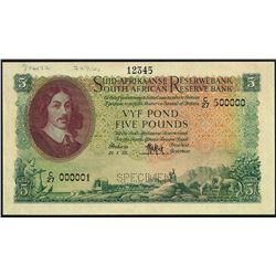 South Africa, 5 Pounds, 21st Jan 1953,  Pick#  97b, SPECIMEN, SL# C/27-500000 & C/27-000001, AU