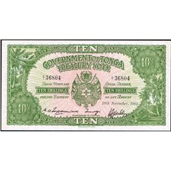 Tonga, 10 Shillings, 28th Nov 1962,  Pick#  10d, Government of Tonga , SL# C/1-36804, UNC