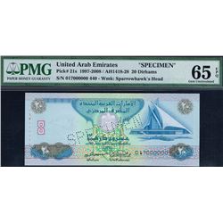 United Arab Emirates, 20 Dirhams, 1997-2008, Pick#  21s, SPECIMEN, SL# 017 000000, PMG 65 UNC