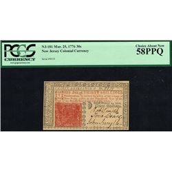 United States, 30 Shillings, March 25,1776, Pick# S1824, NEW JERSEY COLONIAL, 2nd Issue, PCGS 58 UNC