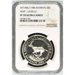 Bahrain , 5 Dinars , 1986 , KM# 13 , WWF- Gazelle , NGC PF 70 Ultra Cameo