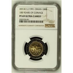 Oman , 100 Baisa , AH1411 - 1991 , KM# 82 , 100 Years Of Coinage. , NGC PF 69 Ultra Cameo