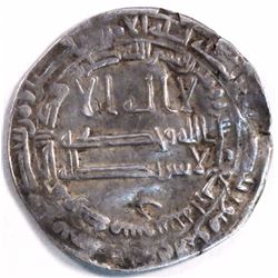 ABBASID DIRHAM, TEMP. MAMUN, MINT:DIMISHA, RARE, 3.30g, 26mm., AH214, G-VF