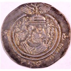 ARAB SASANIAN ABD ALLAH B AL ZUBAYR, SILVER DIRHAM. MINT, BISHAPUR,3.95g, 30mm., AH55, XF