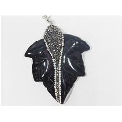 #14-STERLING SILVER ONYX AND CRYSTAL LEAF