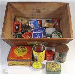 WOODEN BOX WITH VINTAGE TINS COLLECTIBLES INCL.