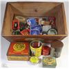 Image 1 : WOODEN BOX WITH VINTAGE TINS COLLECTIBLES INCL.