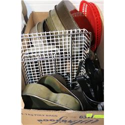 BOX WITH CAKE PANS, DOUGHNUT ROLLER ETC