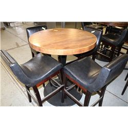 BAR TABLE WITH FOUR BROWN LEATHERETTE BAR STOOLS