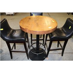 BAR TABLE WITH THREE BROWN LEATHERETTE BAR STOOLS