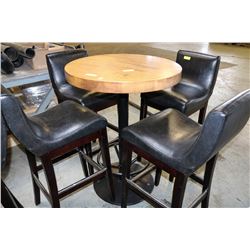 BAR TABLE WITH FOUR BROWN LEATHERETTE BAR STOOLS
