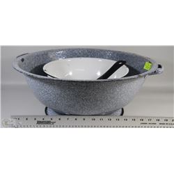 ANTIQUE ENAMEL LARGE BREAD MIXING BOWL+SMALL BOWL