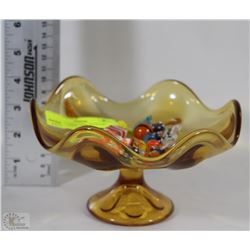 AMBER CANDY DISH WITH ART GLASS CANDY