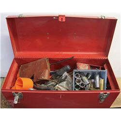 RED METAL TOOLBOX FILLED WITH TOOLS AND CONTENTS