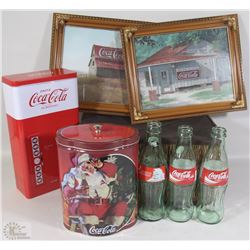 WICKER BASKET WITH COCA COLA COLLECTIBLES
