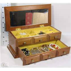 WOOD JEWELRY BOX WITH CONTENTS - TOP LID OPENS TO