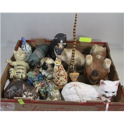 FLAT OF CAT FIGURINES MADE OF VARIOUS MATERIALS