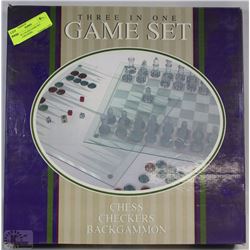 NEW 3 IN 1 GLASS GAME SET - CHESS, CHECKERS,