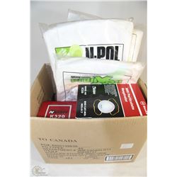 BOX WITH ASSORTED NEW RESPIRATORS AND COVERALLS