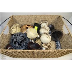BASKET OF ASSORTED SKULL ORNAMENT COLLECTION