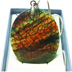 LARGE FIRE AGATE OVAL PENDANT & CHAIN