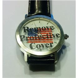 USA FLAG WATCH WITH BLACK LEATHER BAND