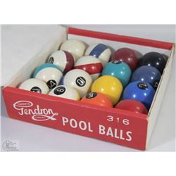 ANTIQUE SET OF GENFRON 2" ENGLISH POOL BALLS W/CUE