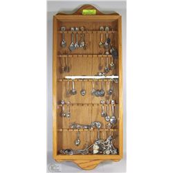 OVER 50 COLLECTIBLE SPOONS WITH OAK DISPLAY CASE