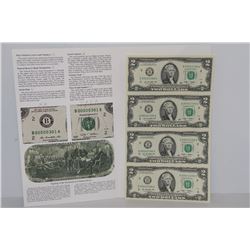 SERIES 2009 US UNCUT $2 DOLLAR BILLS (1 SHEET OF 4)
