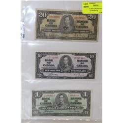SHEET OF 1937 CANADIAN DOLLAR BILLS INCL $20,$10 &