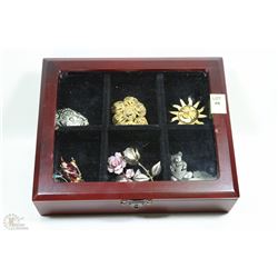 CHERRYWOOD BOX FILLED WITH BROOCHES