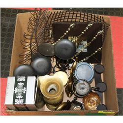 LARGE BOX W/BRASS ITEMS, WAX WARMER,