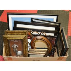 BOX W/PICTURES, FRAMES & WALL HANGINGS,