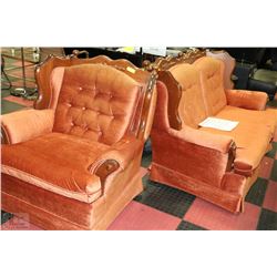 SOLID WOOD ORANGE FABRIC LOVE SEAT AND CHAIR