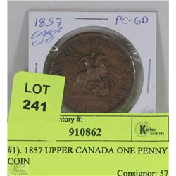 #1). 1857 UPPER CANADA ONE PENNY COIN
