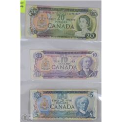 SHEET WITH CANADIAN DOLLAR BILLS INCL. $20 1969,