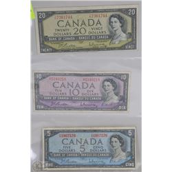 SHEET WITH 1954 CANADIAN DOLLAR BILLS INCL $20,$10