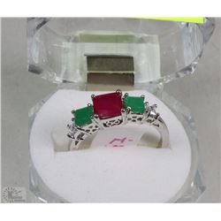 #37-Naturl Ruby,Emerald,CZ 925% Solid Silver Ring
