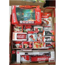 COCA COLA BOX LOT INCL DIE CAST CARS,PUZZLES,